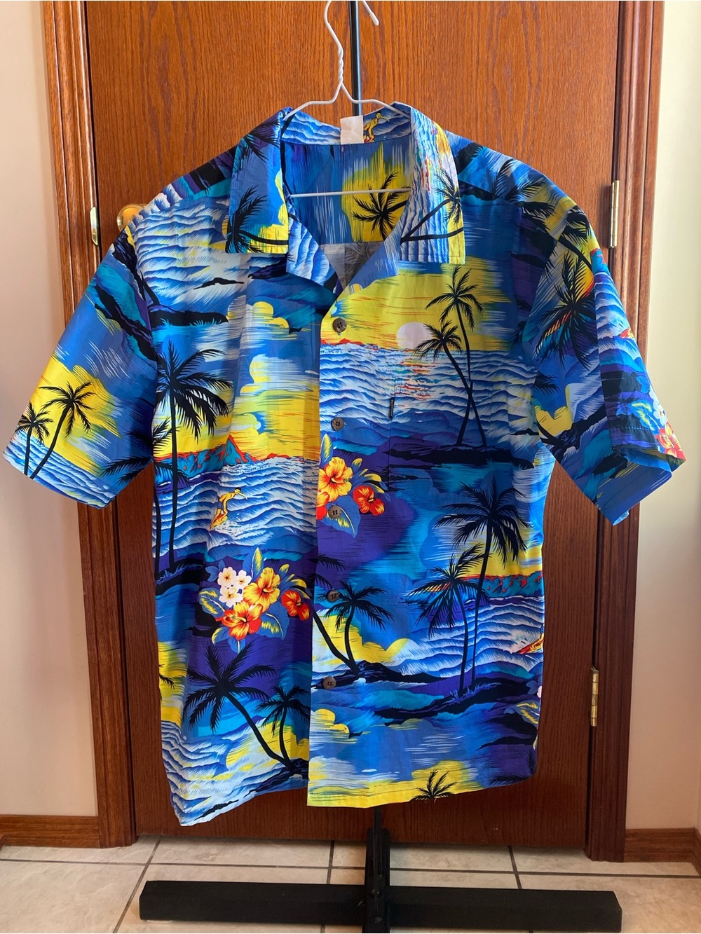 Palmwave Hawaii Tropical Men's Cotton Aloha Beach Sunset Surf Floral Top Size L